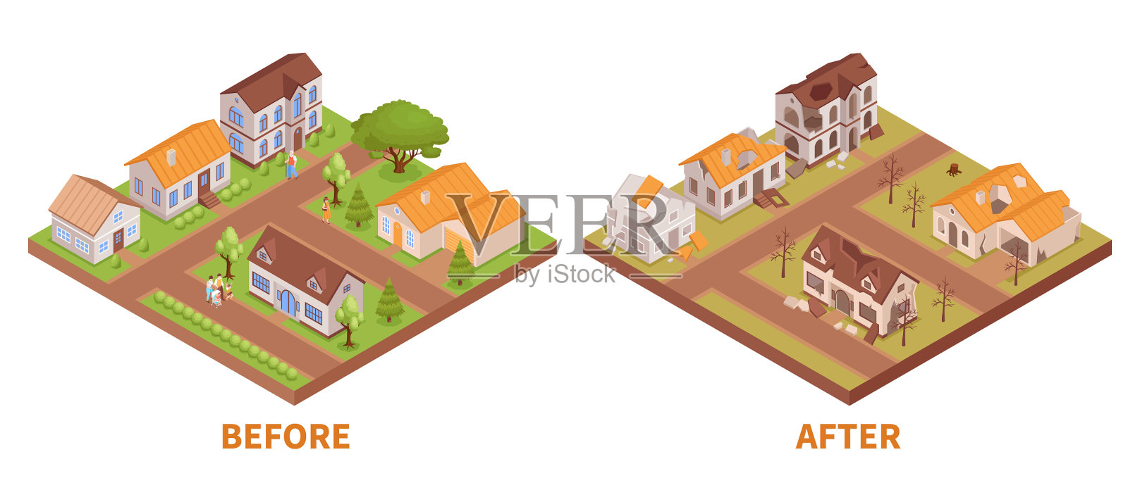 灾难前后的建筑插画图片素材