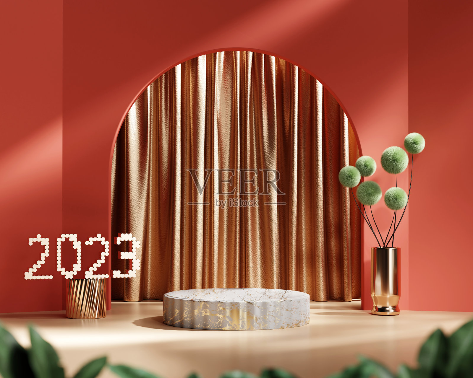 带有植物和窗帘产品展示背景的3D渲染平台平台照片摄影图片