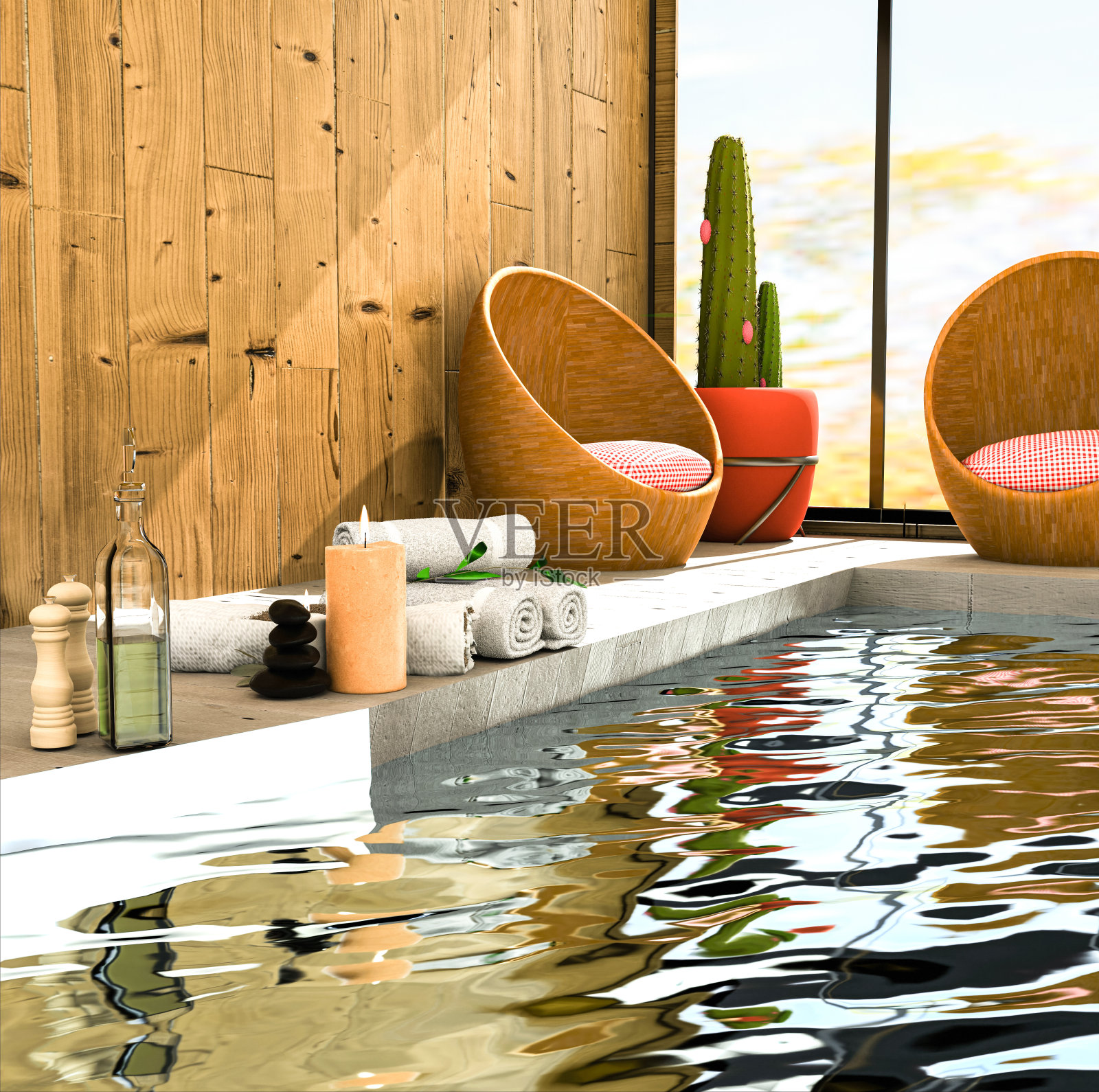 水疗中心内部，游泳池，毛巾，油按摩，香薰蜡烛。照片摄影图片