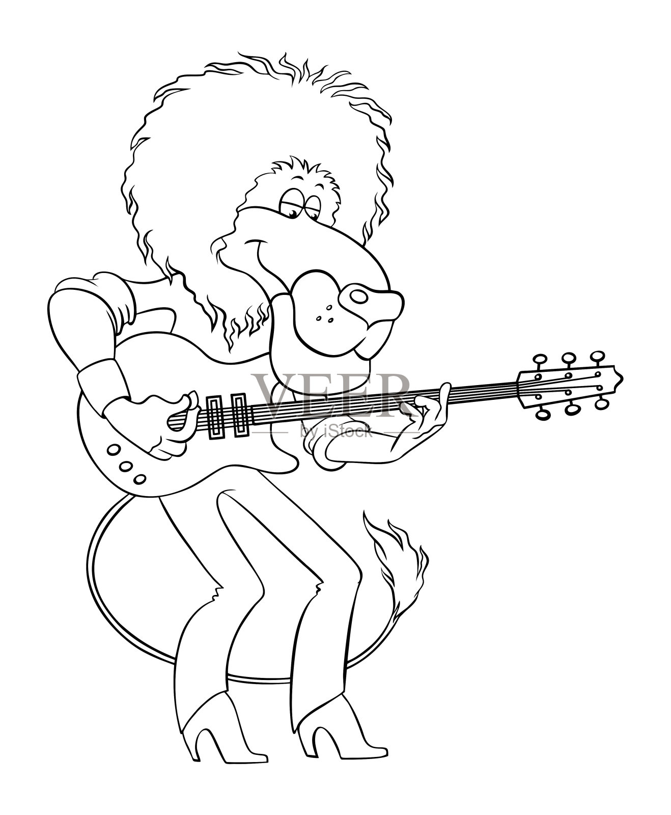 轮廓矢量图像的狮子，孤立在白色。一只时髦的狮子用电吉他表演摇滚。卡通狮子弹电吉他。设计元素图片