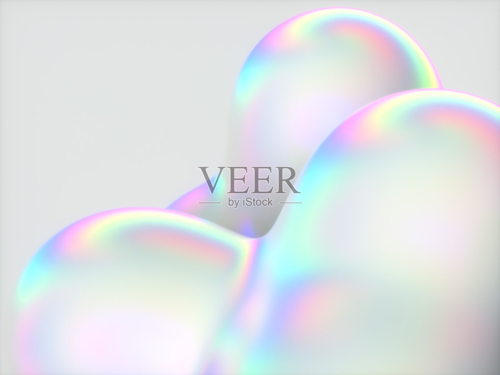 全息漂浮液体斑点，肥皂泡，金属球。照片摄影图片