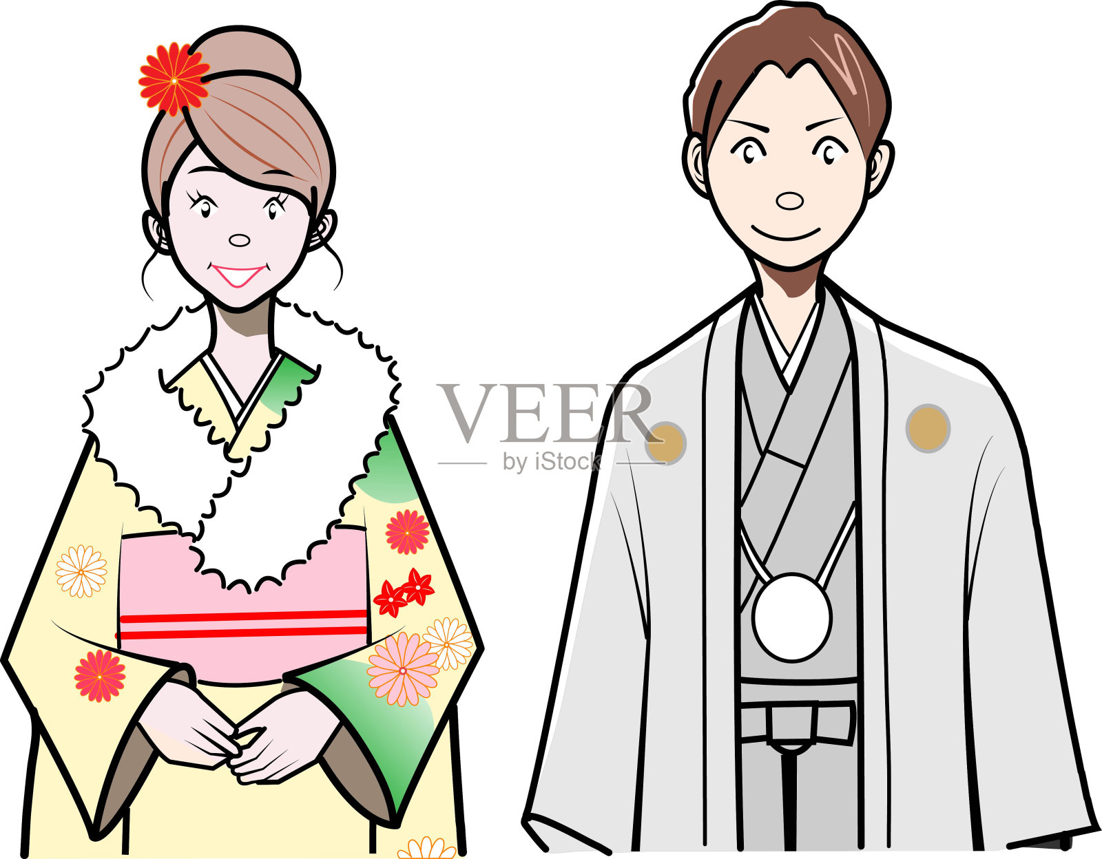 丹佐穿着正装，和服摆造型。插画图片素材