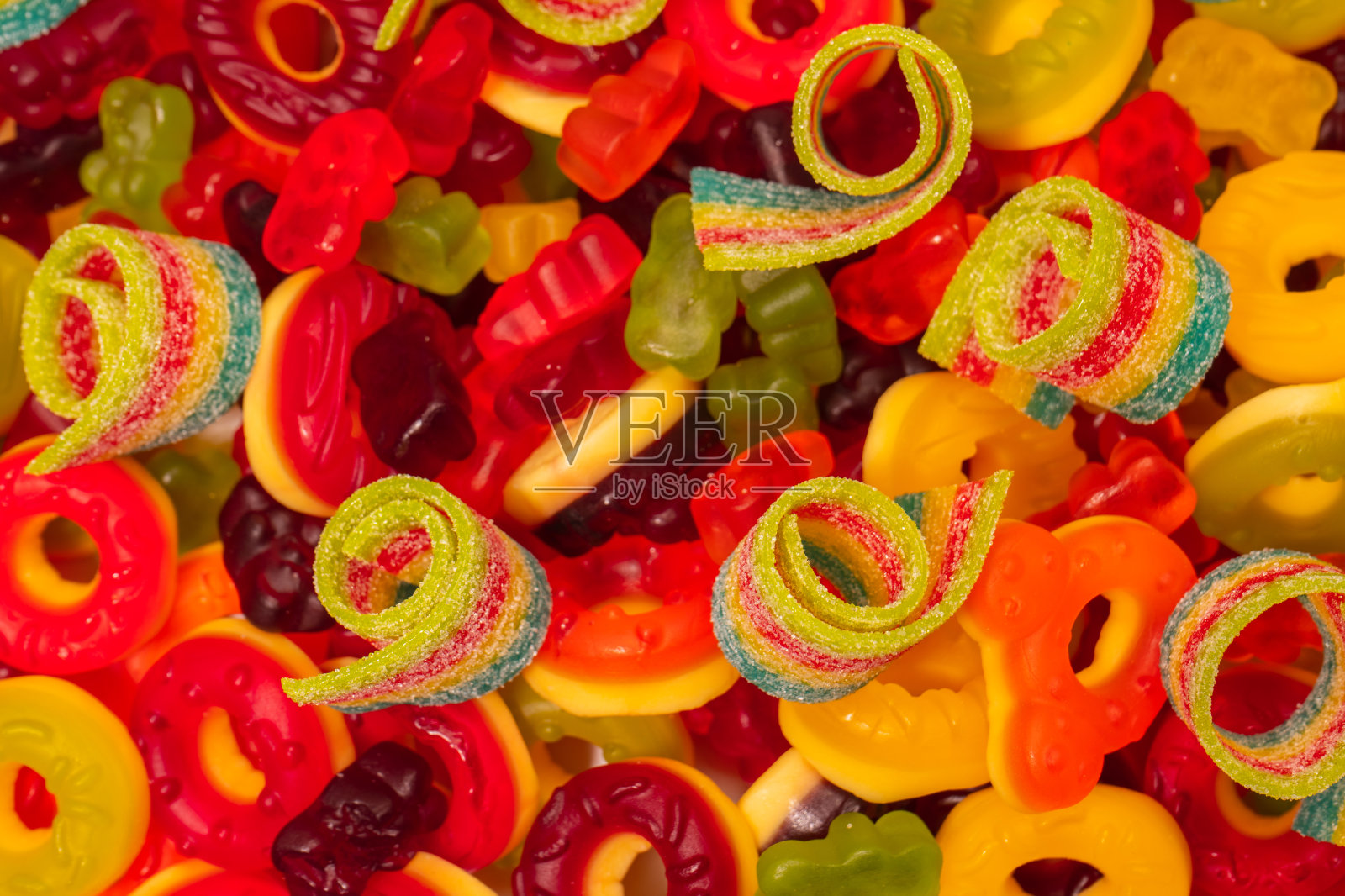 各色彩色软糖。前视图。果冻甜甜圈。照片摄影图片