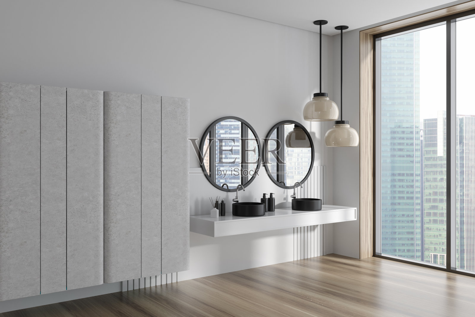 时尚的浴室内部有两个脸盆，架子和全景窗照片摄影图片