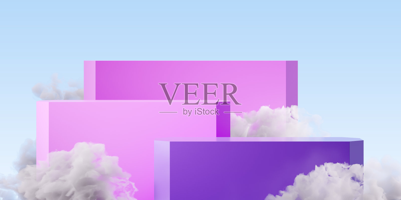 三个彩色讲台和云朵，产品展示的模型照片摄影图片