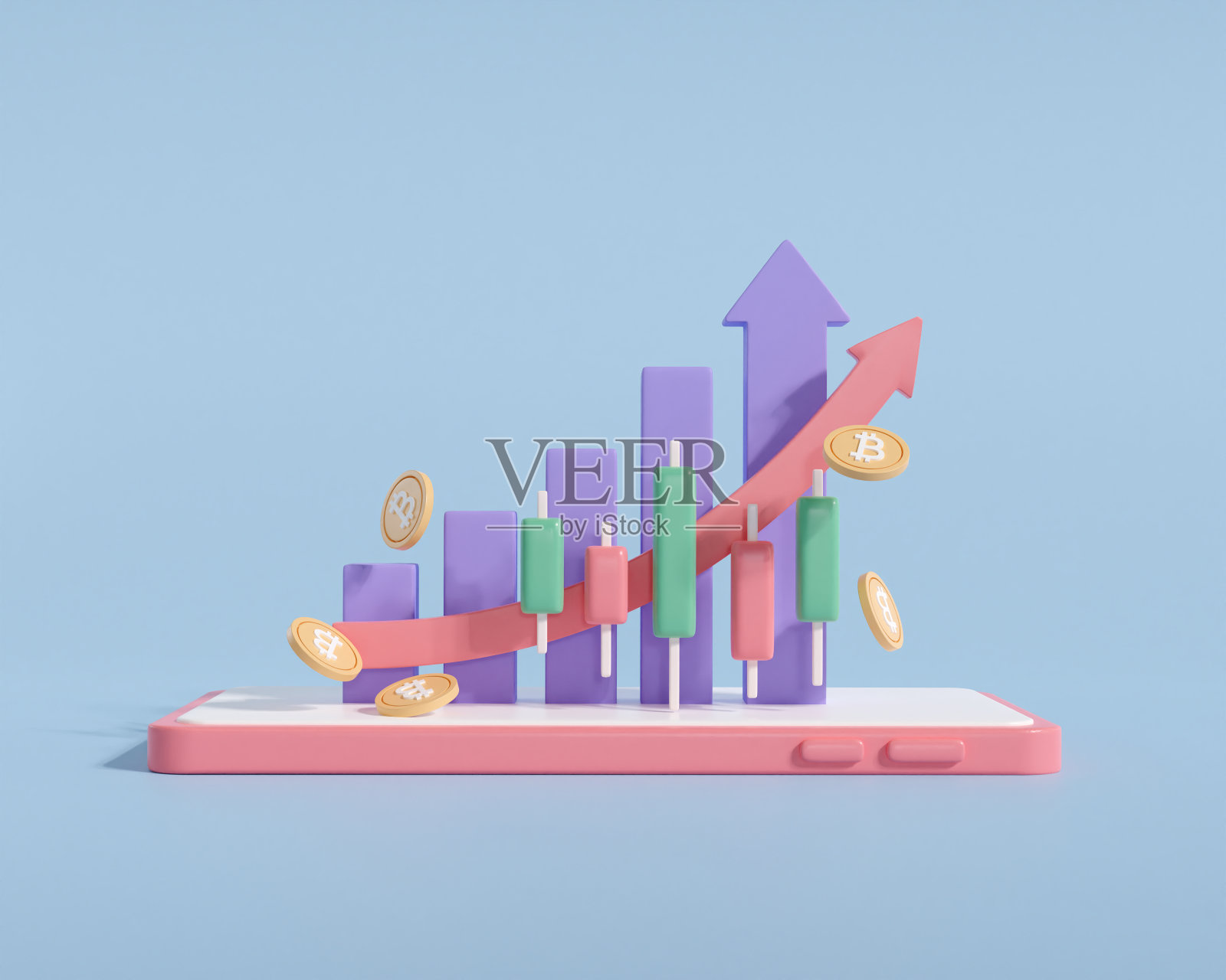 在智能手机上3d渲染商业投资增长图。箭加币统计交易。金融股票数字化成就。金融指数上升。三维渲染插图。照片摄影图片