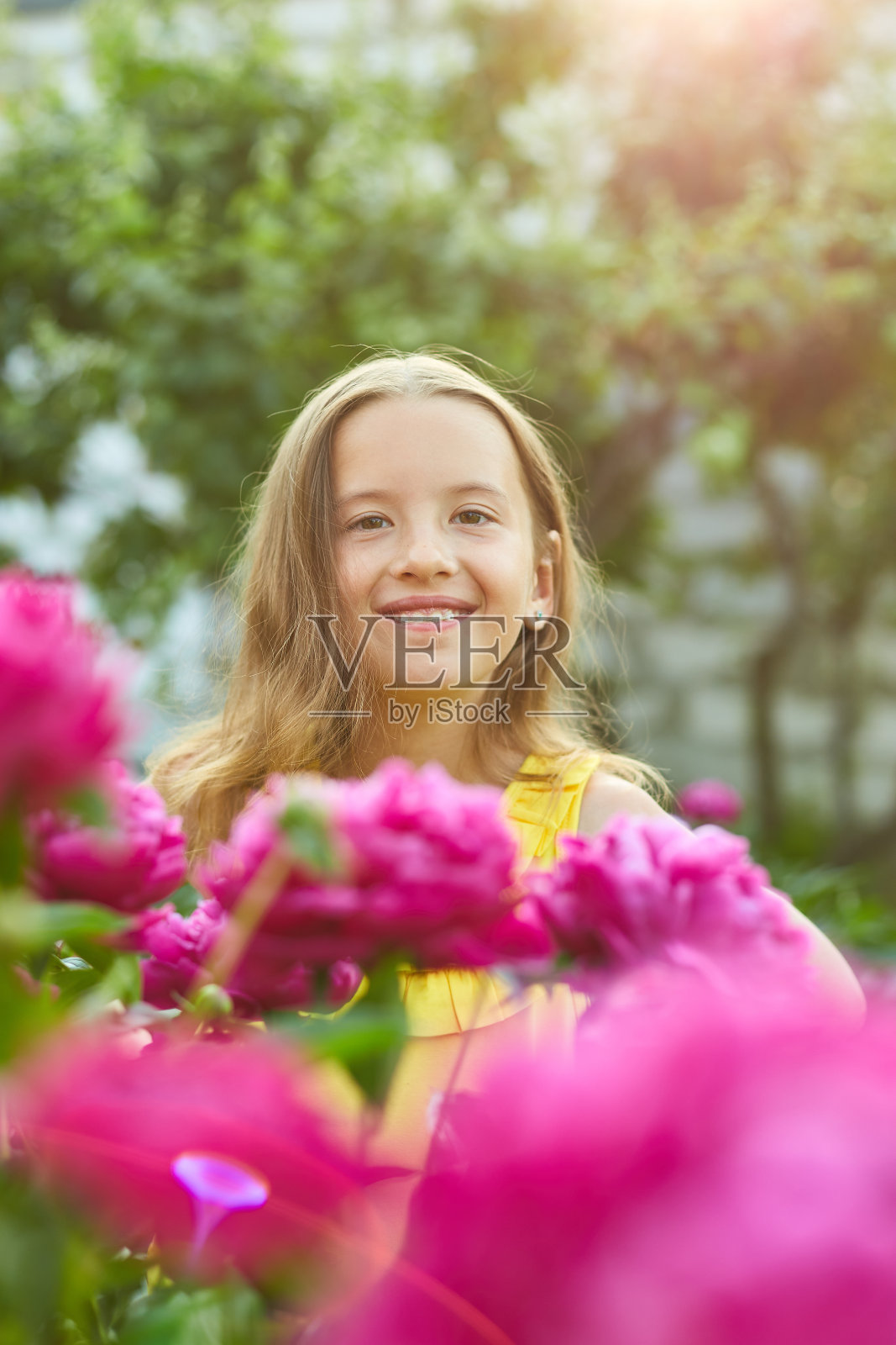 快乐的小女孩戴着牙套在花园里的牡丹丛里照片摄影图片