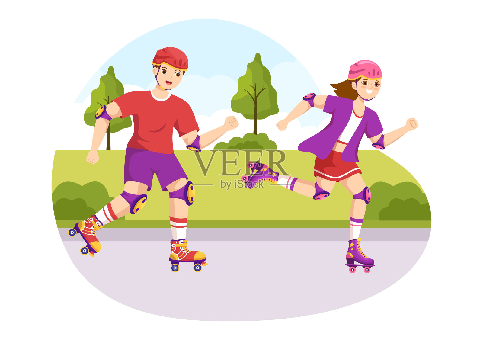 人们在城市公园骑旱冰鞋户外活动，体育娱乐或周末娱乐卡通手绘模板插图插画图片素材