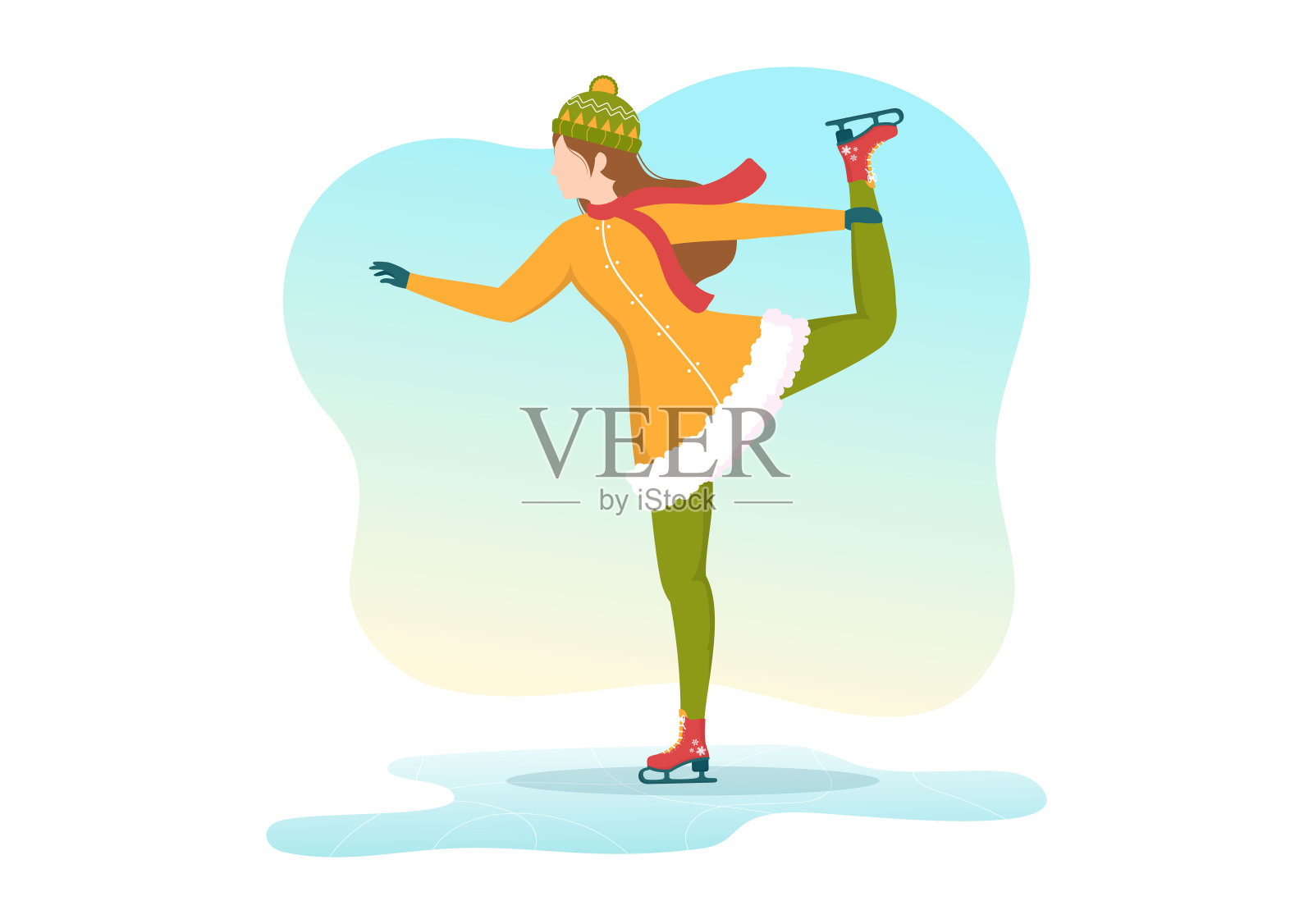 人们在冰场滑冰穿着冬季衣服户外活动或体育娱乐在平面卡通手绘模板插图插画图片素材