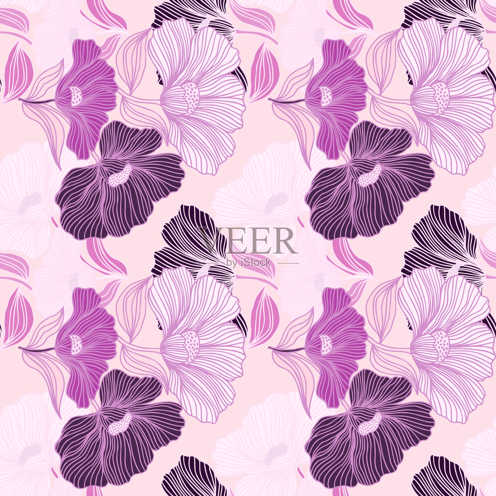 抽象花线无缝图案。精致的复古花卉勾勒出无尽的背景。复古的风格。插画图片素材