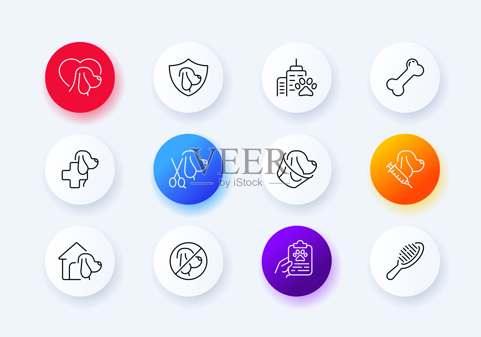 动物护理集图标。盾牌，护具，爪子，医院，爪子，十字架，摊位，不要带动物进入，颈锥，梳子，剪刀，美容，处方。兽医的概念。新生变形样式。图标素材