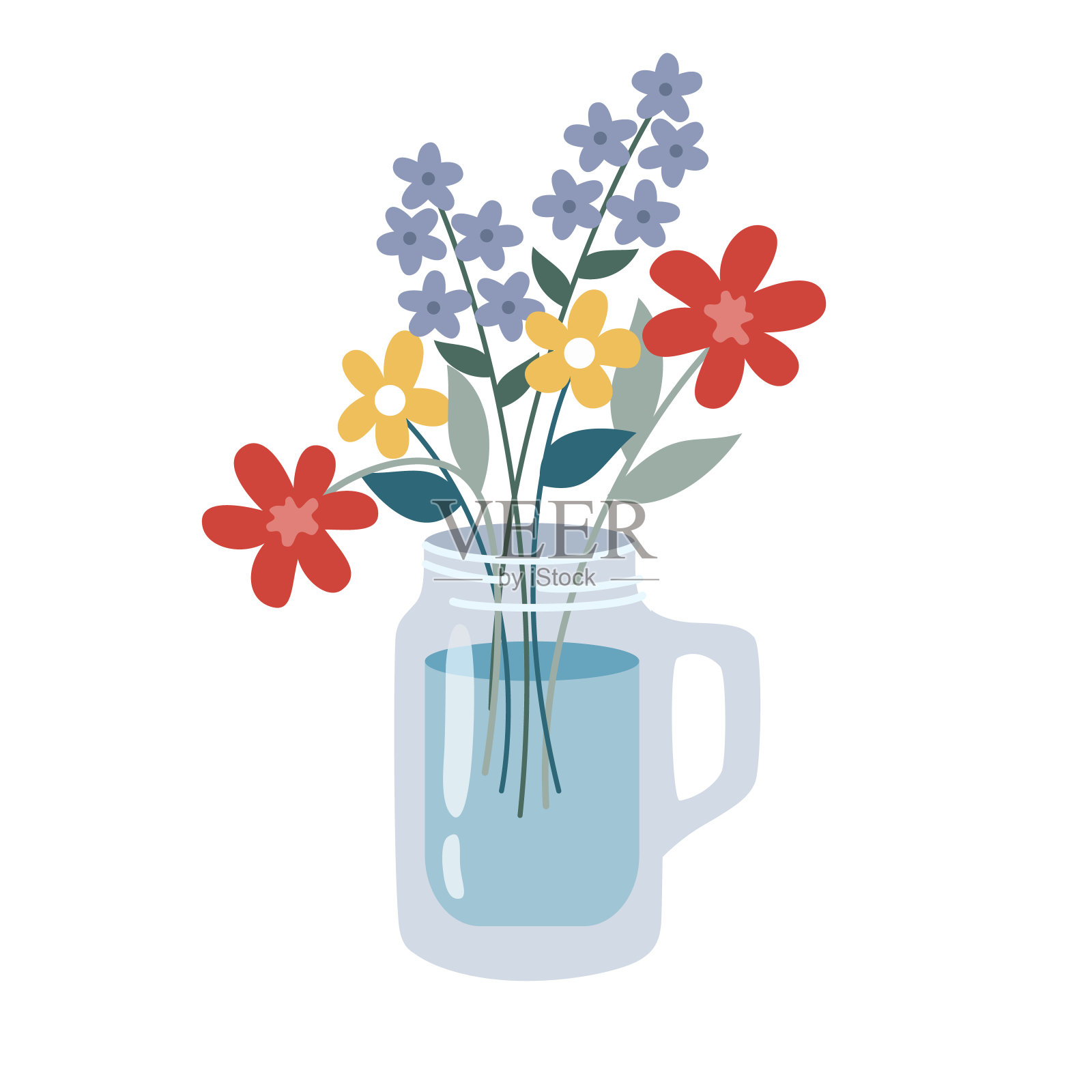 一束可爱的野花在一个平面风格的罐子插图。插画图片素材