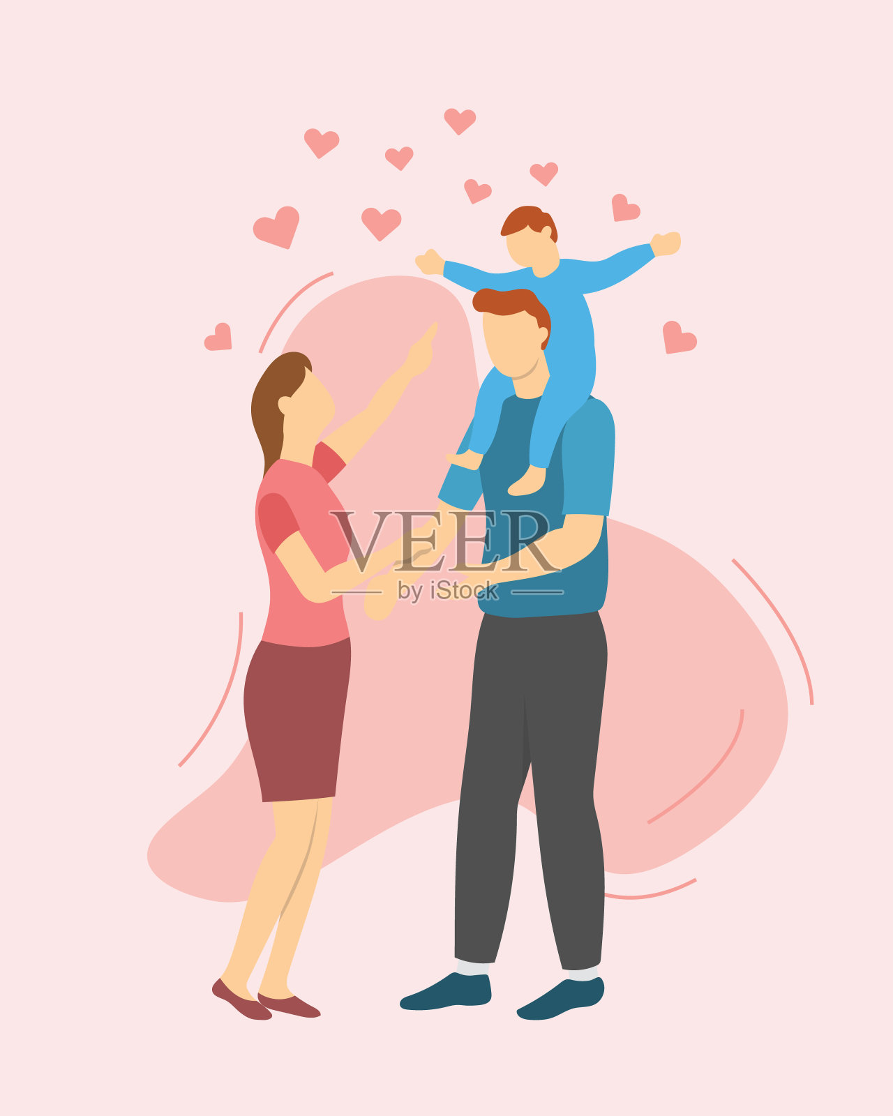 父母快乐地与他的宝宝或蹒跚学步的孩子站在爱的标志周围与现代平面风格插画图片素材