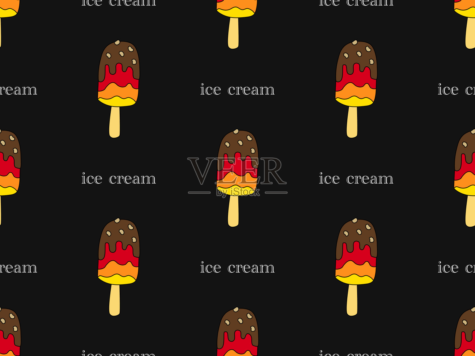 黑色背景上的冰淇淋无缝图案插画图片素材