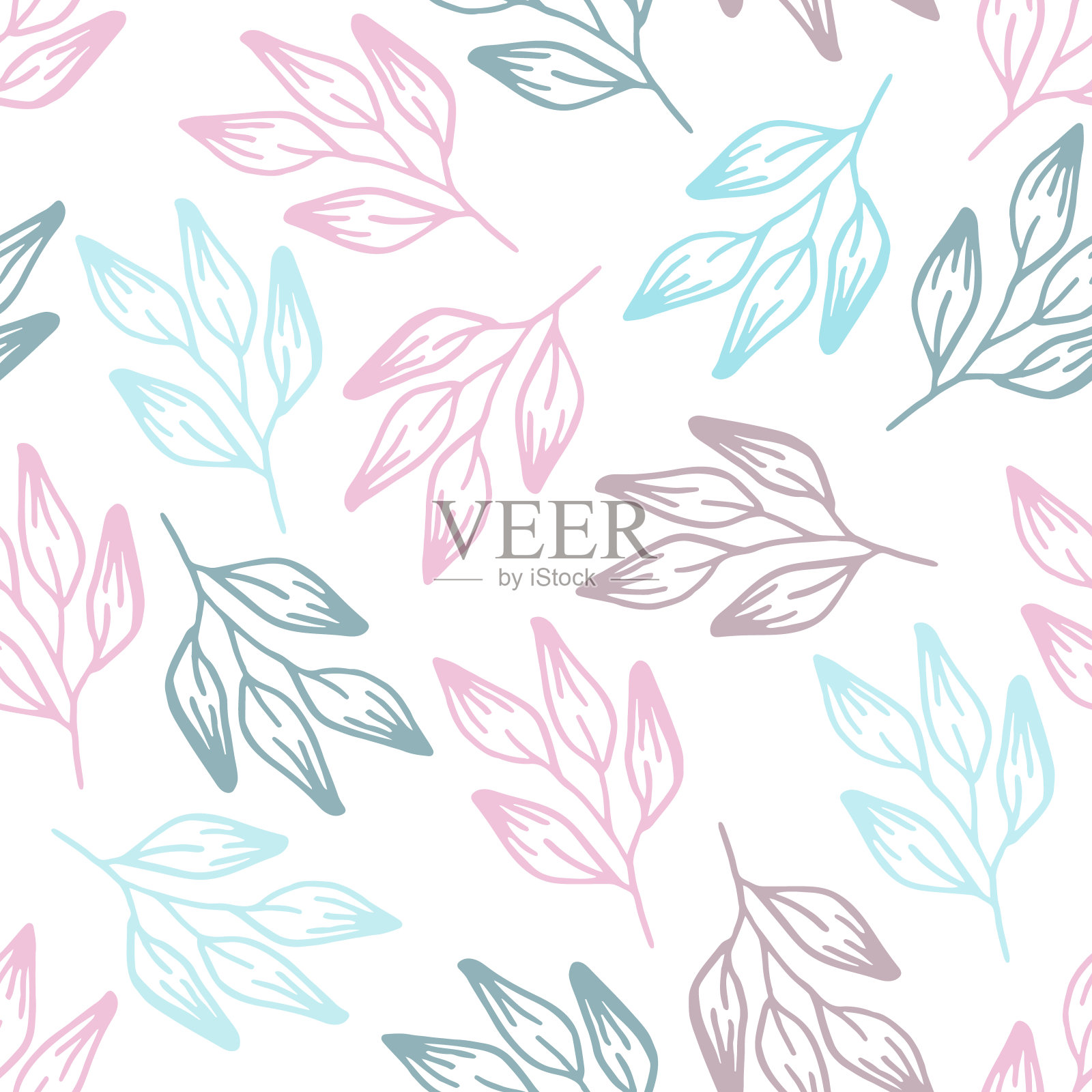 简单的粉彩植物叶子无缝模式的白色背景插画图片素材