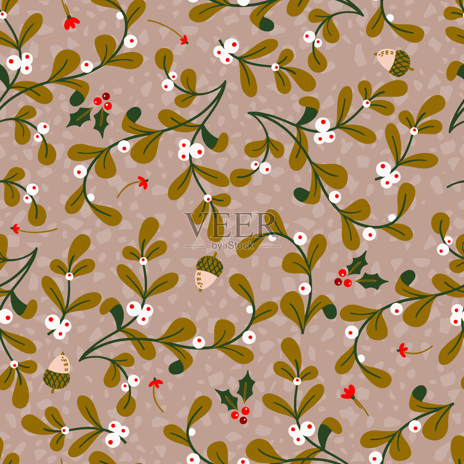 冬季浆果树枝和花矢量无缝模式插画图片素材