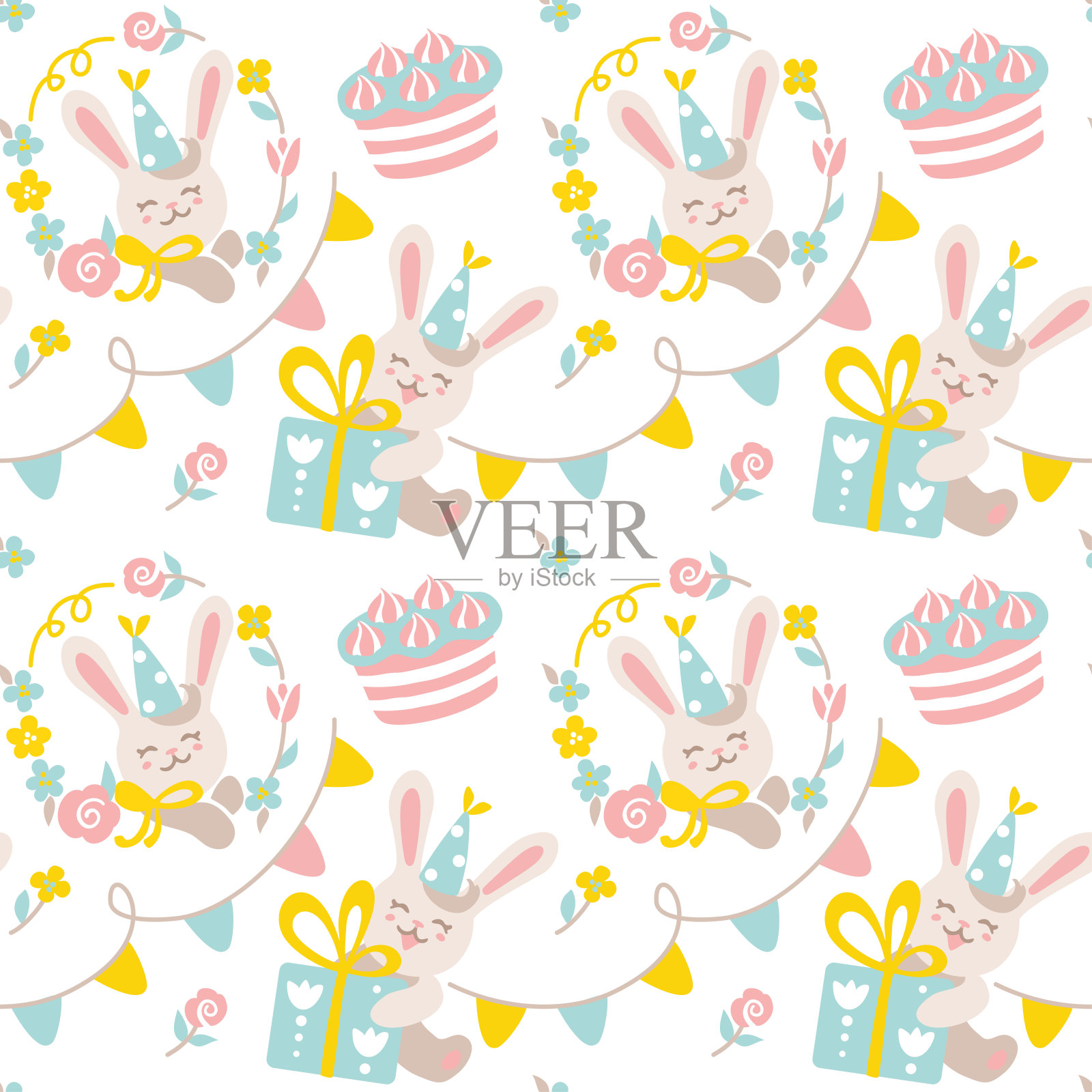 可爱的兔子，蛋糕，礼品盒。庆祝生日。插画图片素材