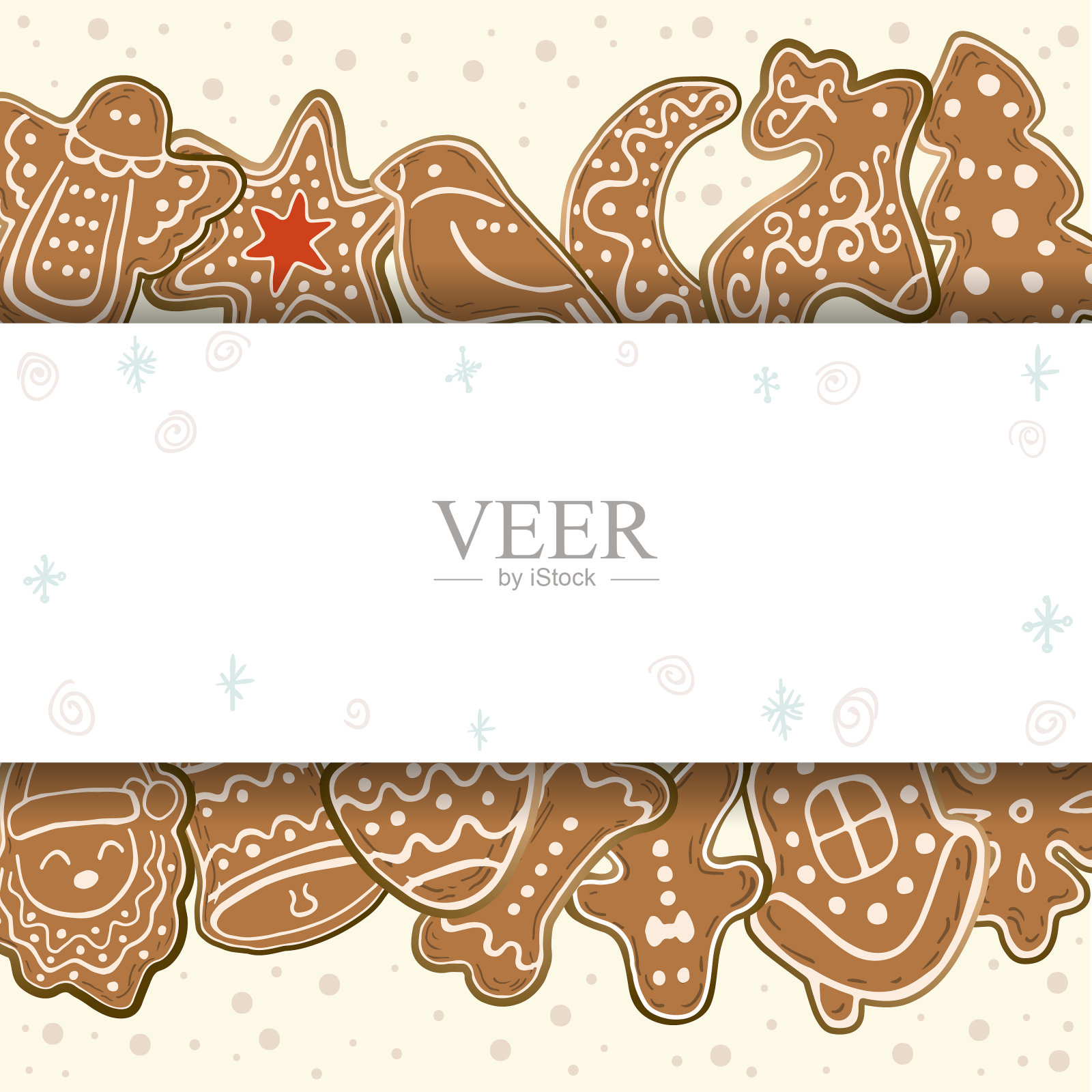 模板为贺卡的姜饼圣诞饼干。雪花，袜子，月亮，球，星星，天使，家，树，狗，骨头，圣诞老人。插画图片素材