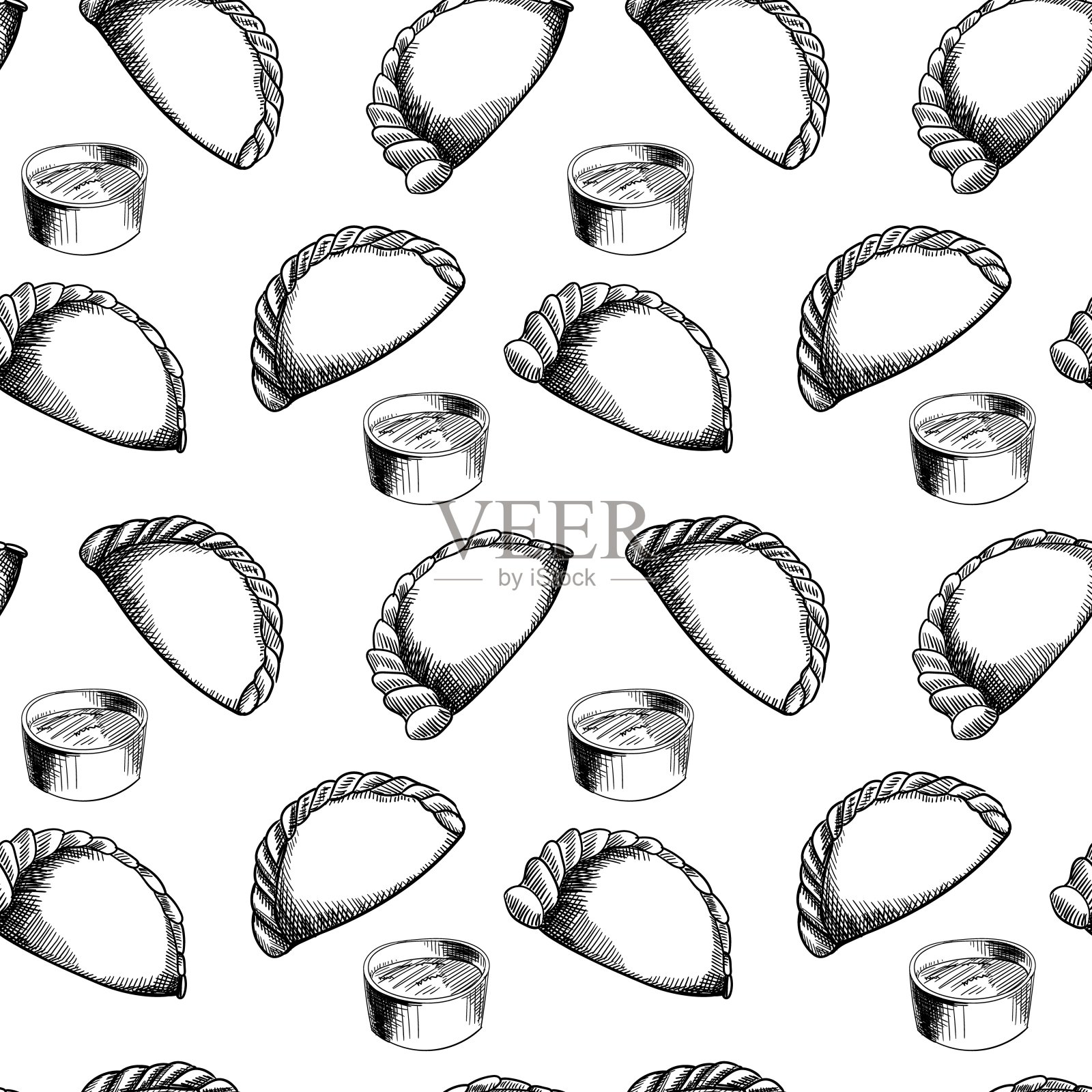 肉馅卷饼的花纹无缝。油炸派背景向量。典型的拉丁美洲和西班牙快餐。黑白肉馅卷饼。时装、面料、纺织品、壁纸、封面设计。插画图片素材