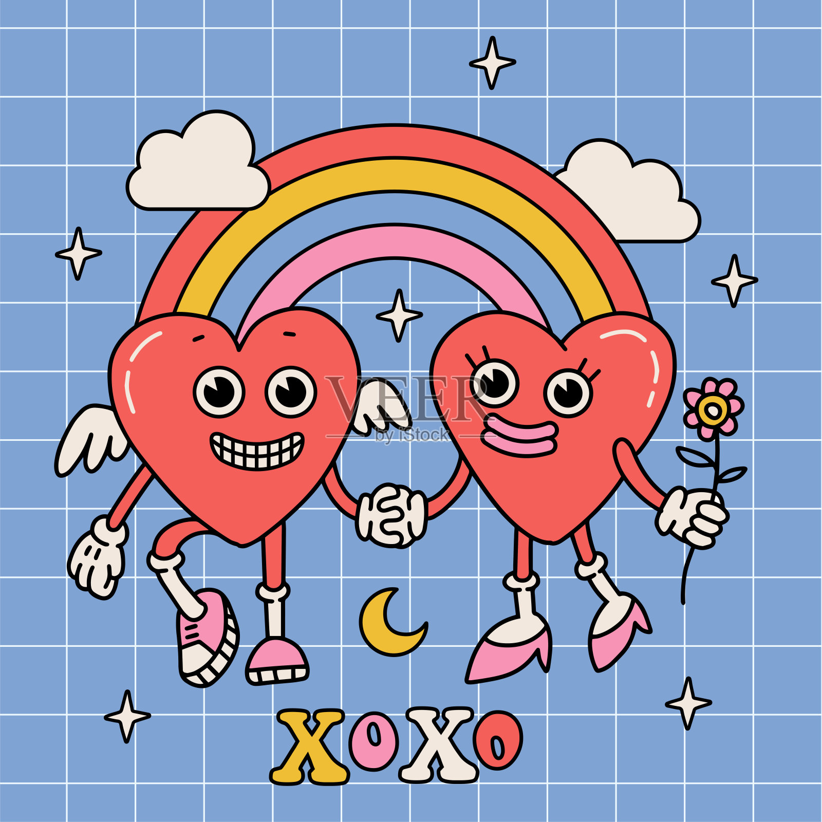 Xoxo -情人节贺卡模板或t恤设计打印与复古卡通心形人物手牵手与彩虹隔离在格子背景上。矢量图插画图片素材