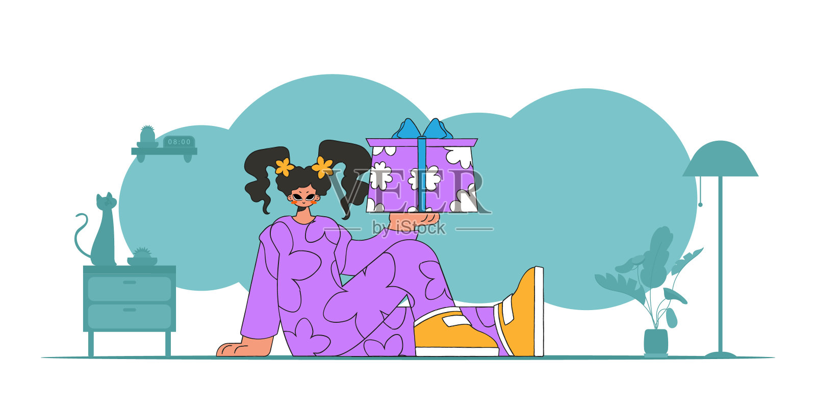 这个女孩手里拿着一个盒子，里面装着礼物。现代复古风格。插画图片素材