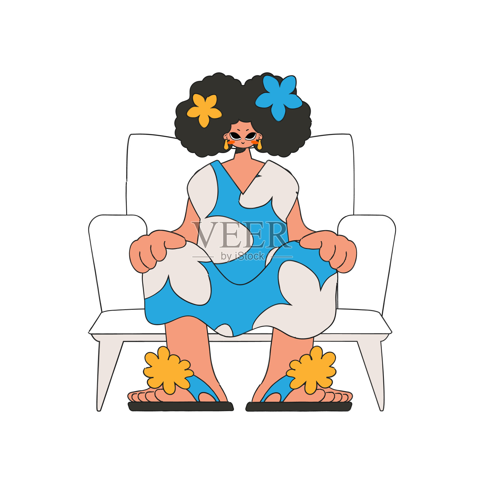 那个女人正坐在椅子上。Rentro风格的人物。插画图片素材