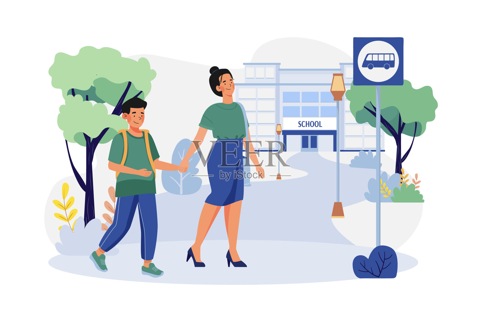 母亲送儿子去上学插画图片素材