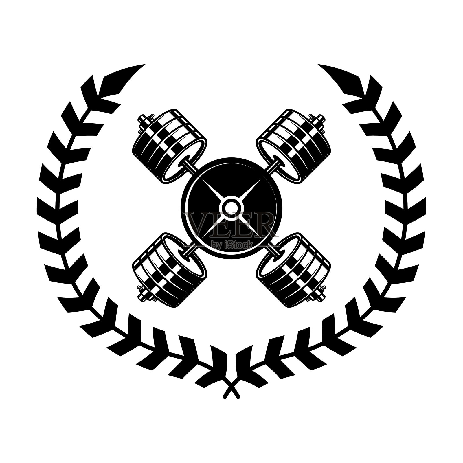 徽章模板与交叉哑铃和花环。标志、徽章的设计元素。矢量图插画图片素材