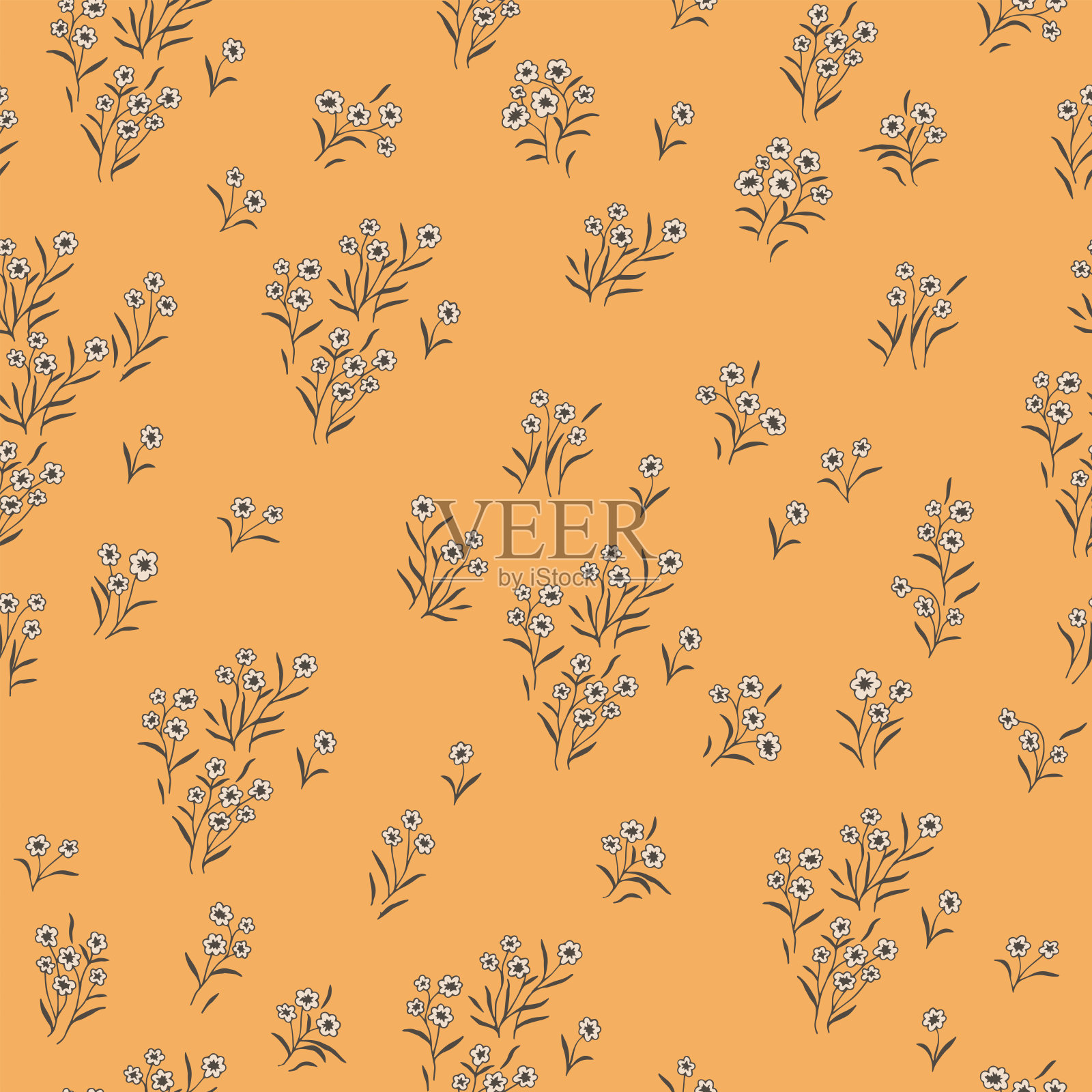 无缝模式与小，微小的野花在橙色背景。插画图片素材