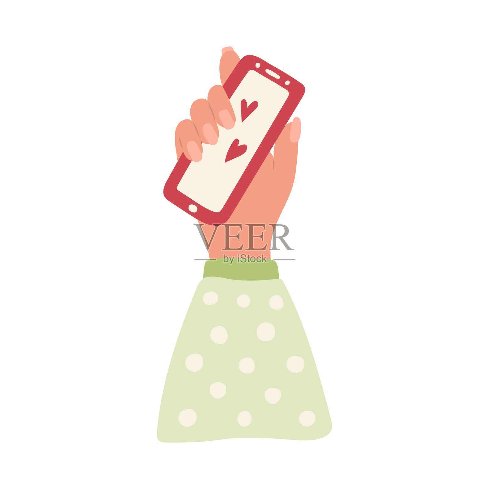 一名女子手持智能手机，屏幕上有心形图案插画图片素材