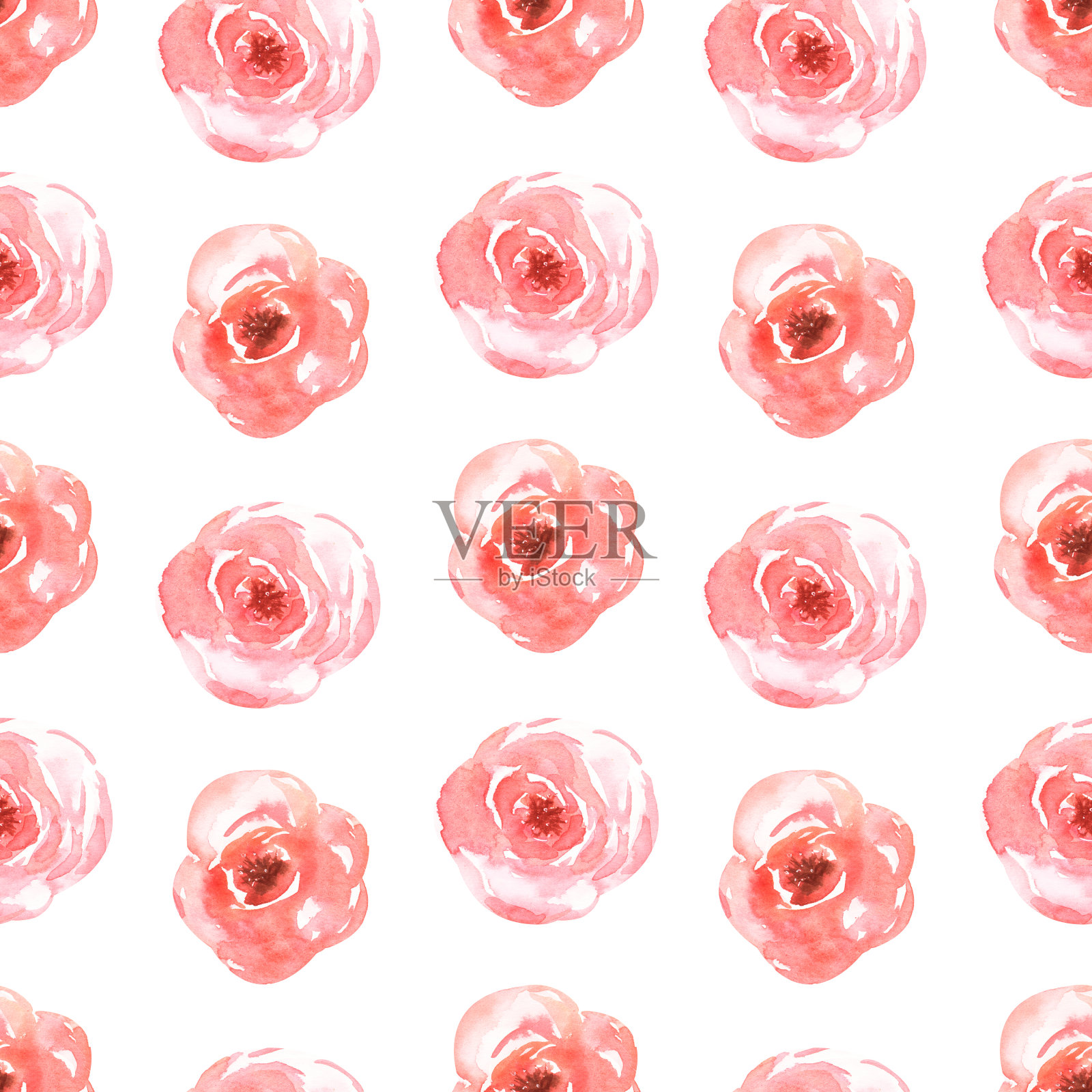 无缝水彩图案与精致的花朵在红色。手绘玫瑰花卉印花。插画图片素材