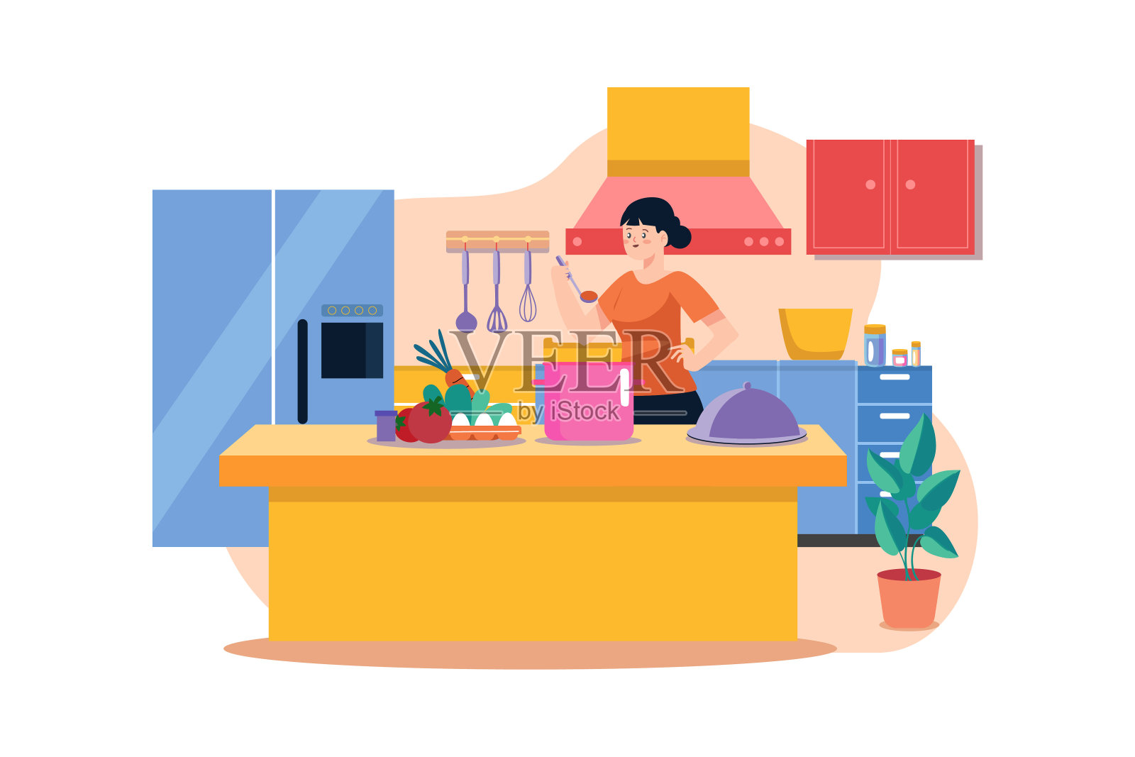 女孩在厨房桌子上做饭插画图片素材