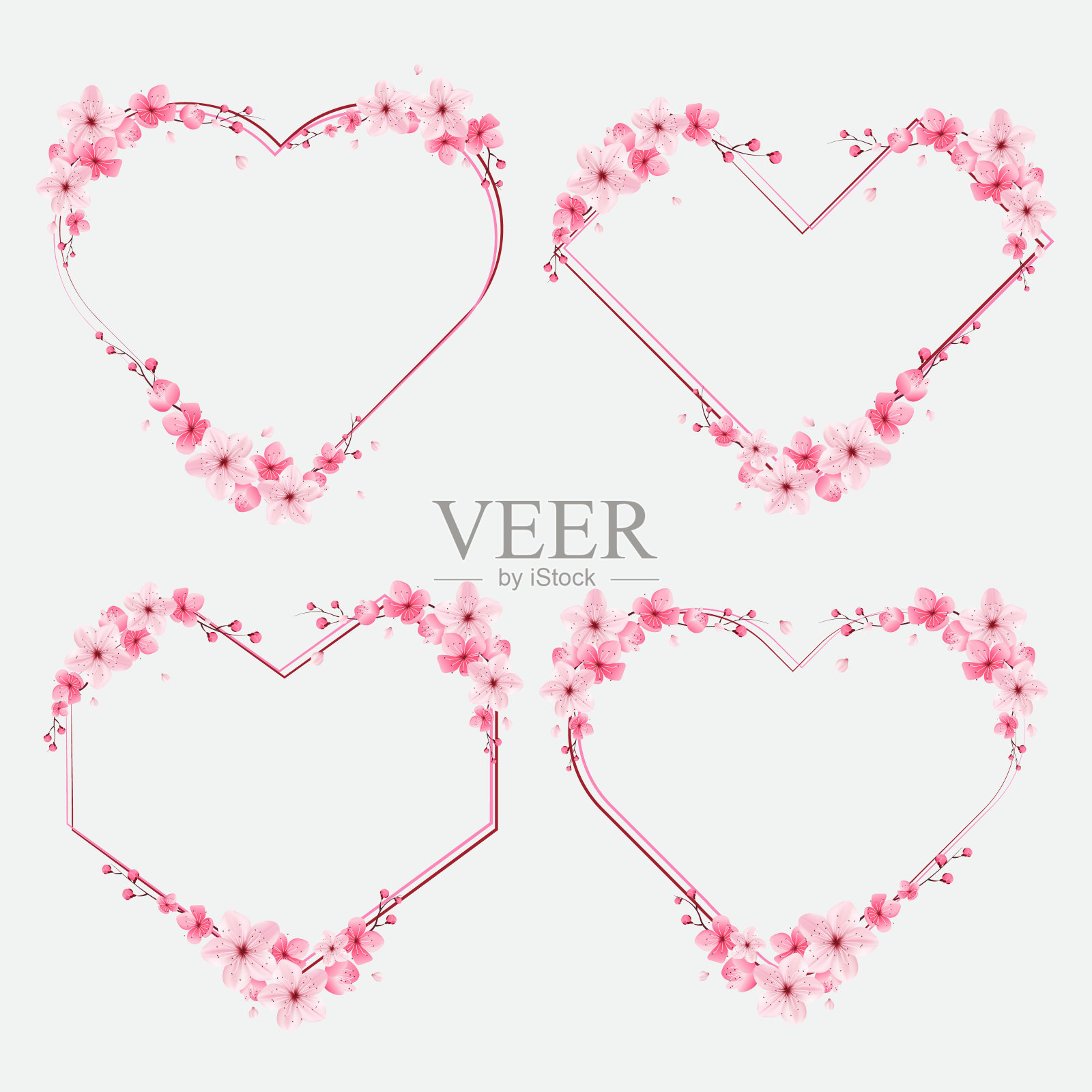 樱花边框，模板框花，心形，樱花矢量插图插画图片素材