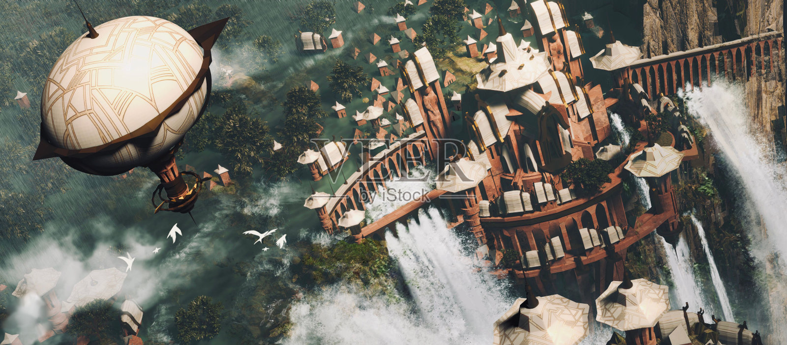 三维渲染的热气球在一个幻想的城市插画图片素材