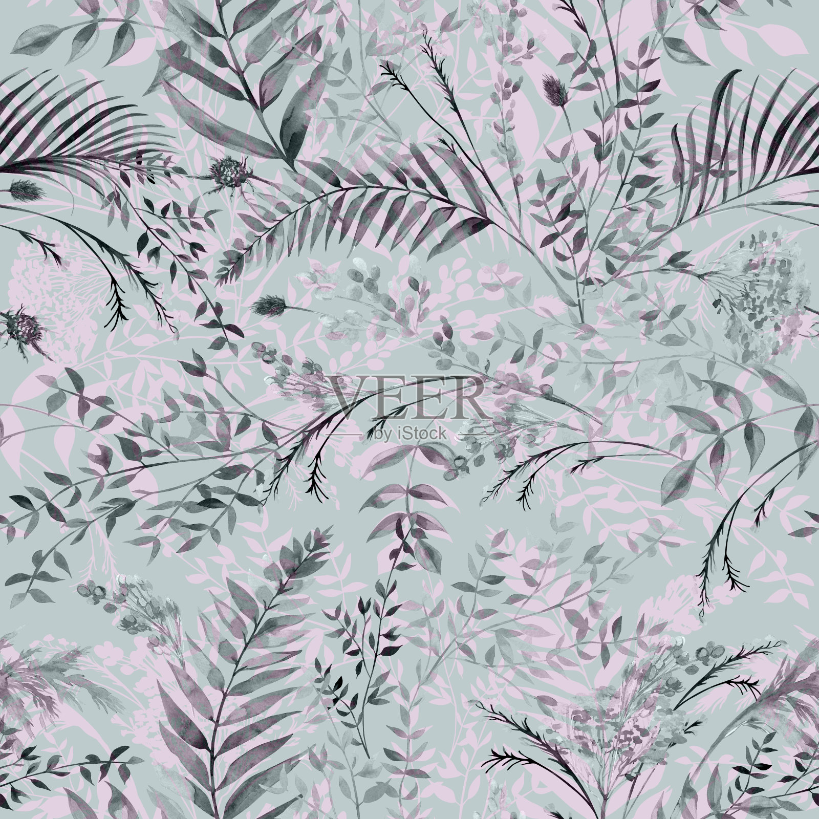 无缝水彩图案与单色黑白树枝和蕨类树叶插画图片素材