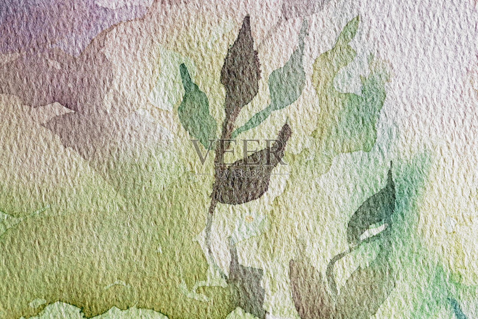 彩色花卉水彩背景与精致的树枝和树叶。水彩纸的纹理。手绘植物背景。婚礼请柬。纺织。插画图片素材