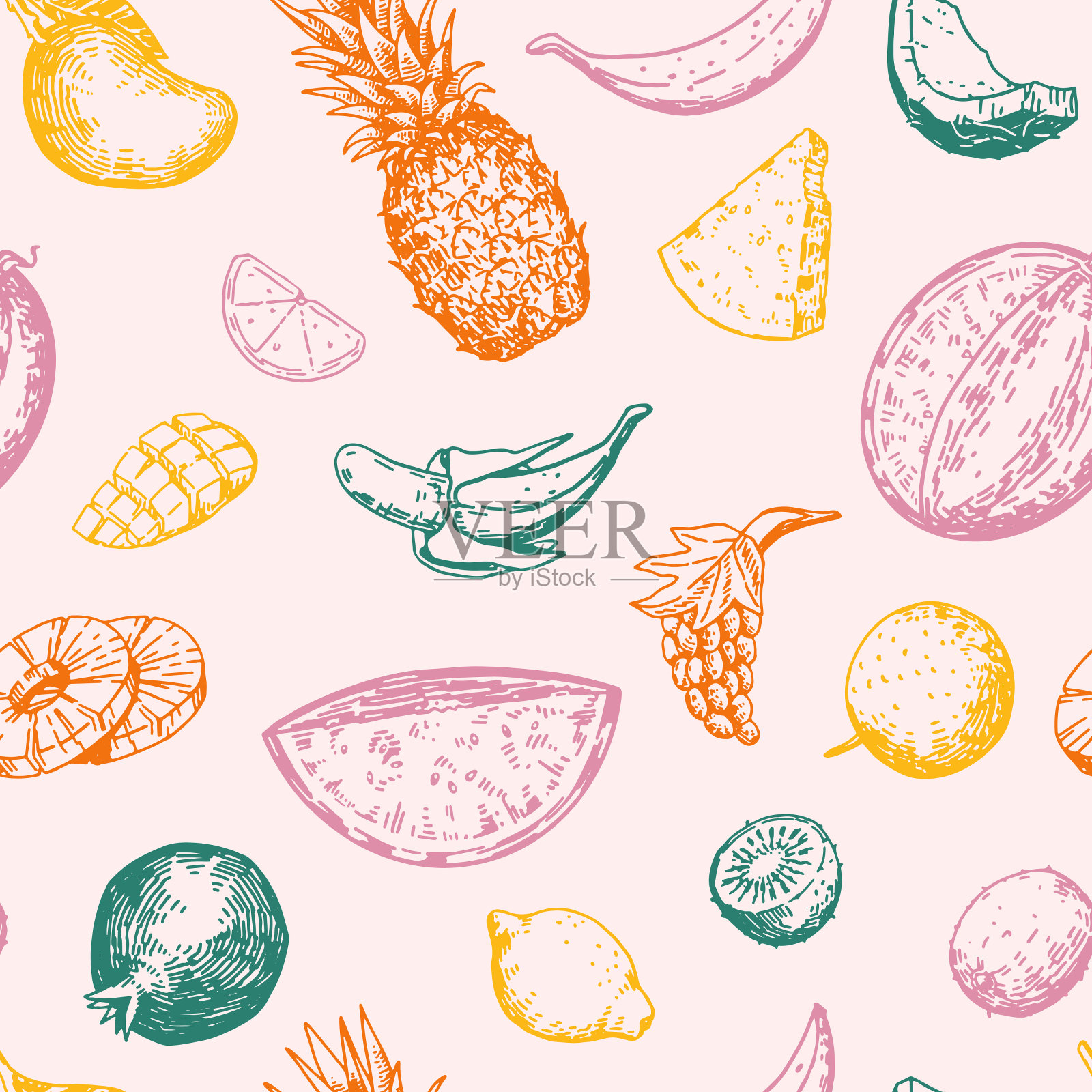 热带水果明亮的矢量无缝模式。手绘菠萝，西瓜，石榴，香蕉，芒果，葡萄，柑橘，猕猴桃。抽象轮廓装饰在复古风格。插画图片素材