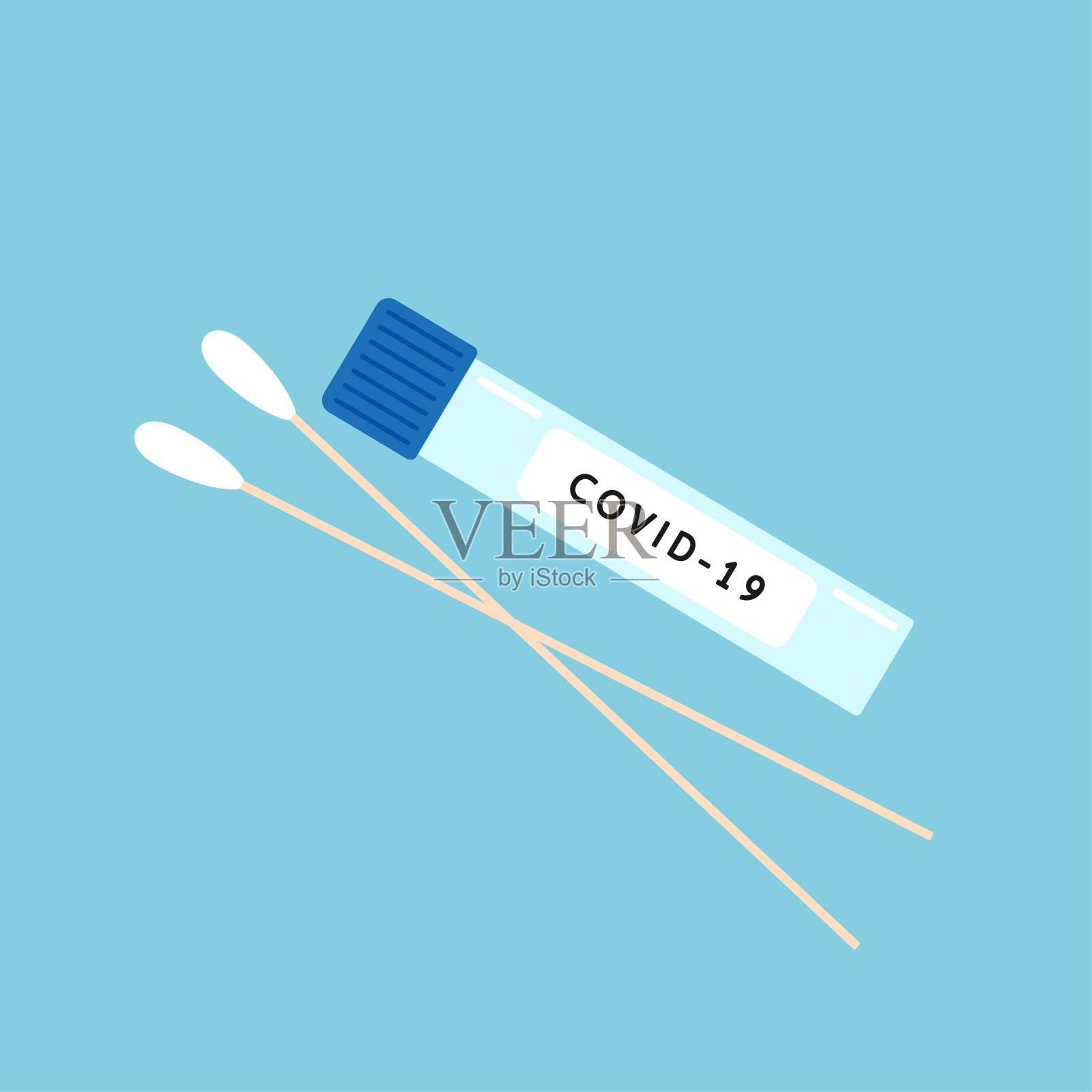 试管载体中的冠状病毒拭子。Covid-19检测拭子试剂盒。插画图片素材