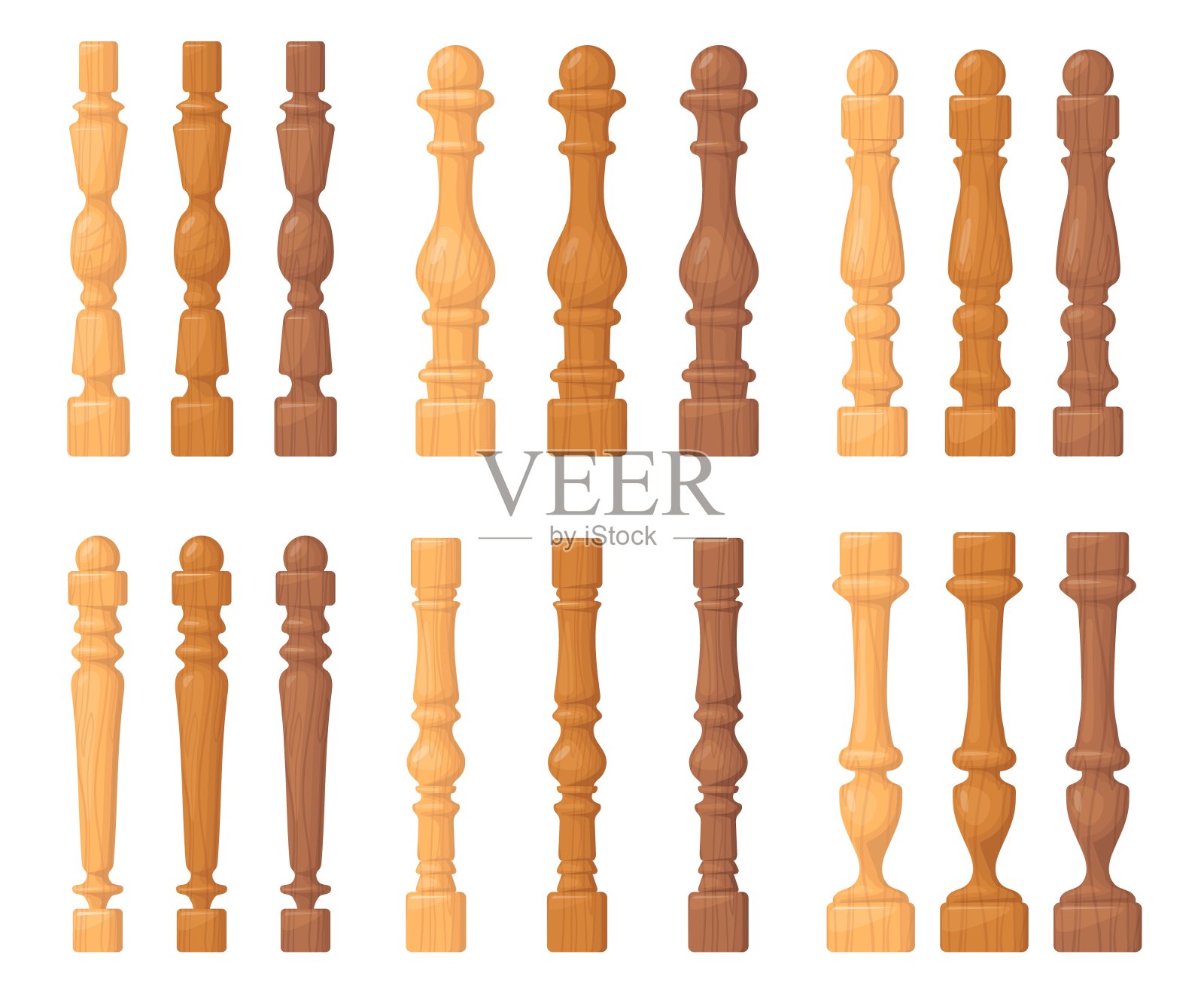 木栏杆。卡通木栏杆与扶手，木柱子栏杆栅栏柱栏杆栏杆栏杆为阳台阳台阳台阳台阳台楼梯整齐矢量插图插画图片素材