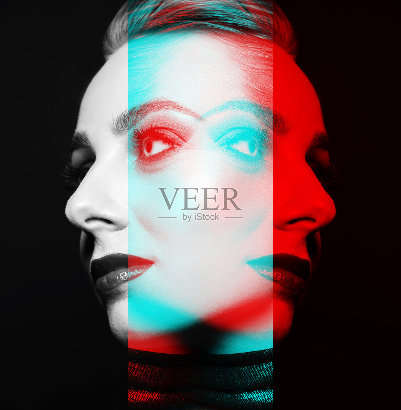 特写工作室肖像的女人与花式化妆在RGB颜色分裂效果风格照片摄影图片