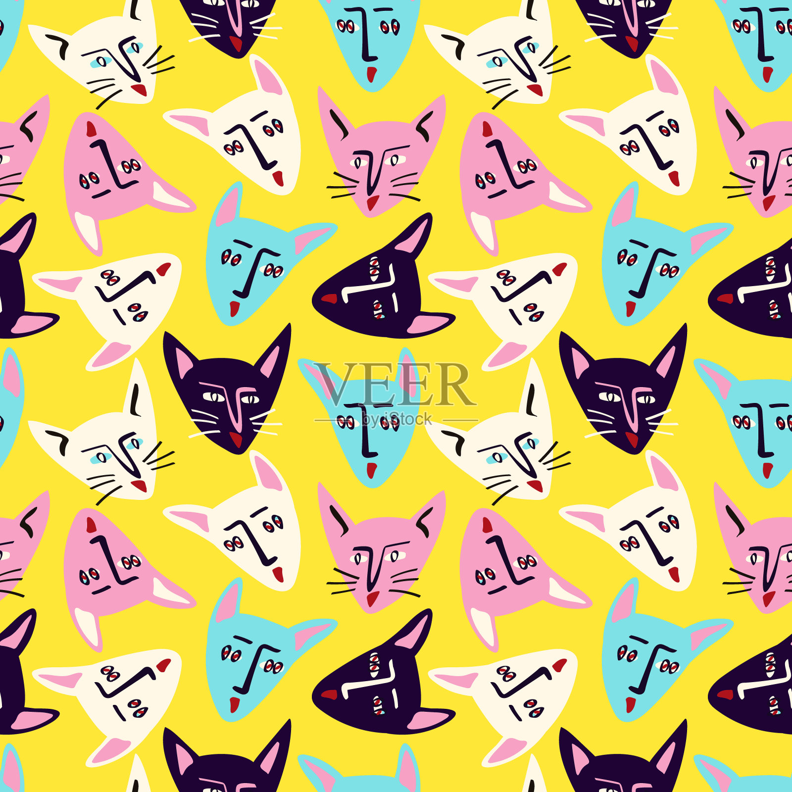 图案与时髦的猫与可爱的脸。怪异的漫画猫脸。奇怪的情人节图案插画图片素材