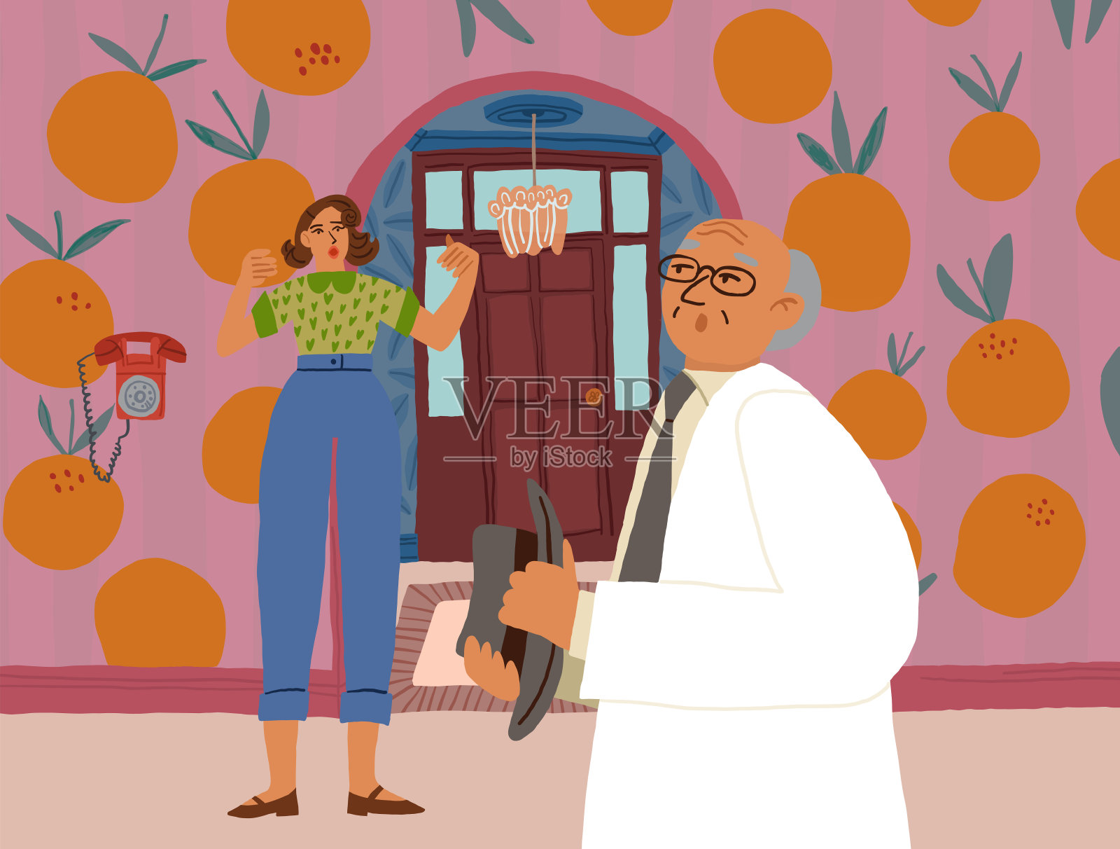 女人在等电话，复古风格的电话。医生在家庭现场。矢量图插画图片素材