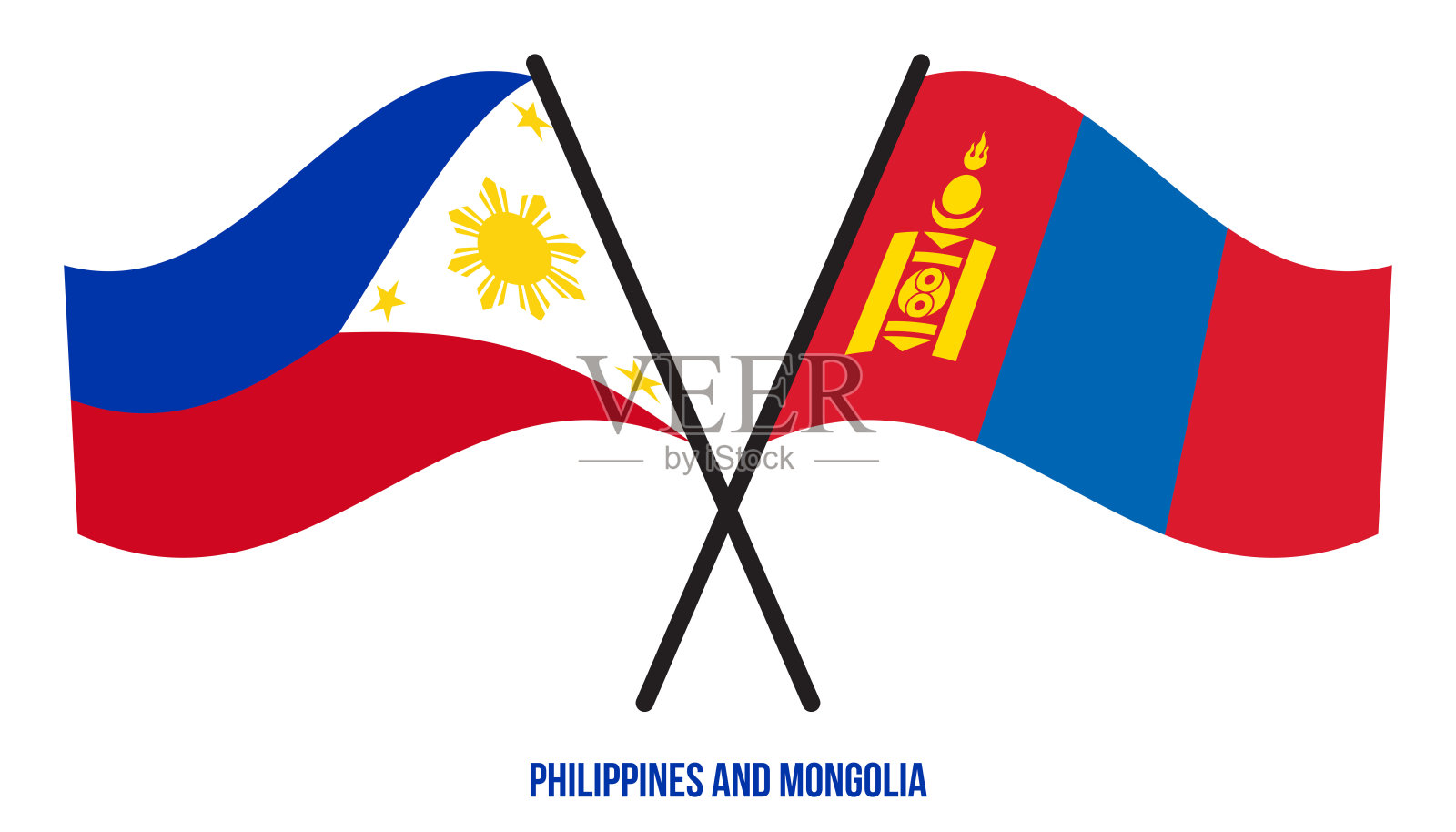 菲律宾和蒙古的国旗交叉和挥舞平的风格。官方的比例。正确的颜色。插画图片素材