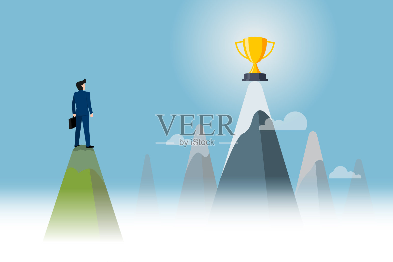 商人站在一座高山上，放眼成长，以现代的理念实现更高的目标插画图片素材