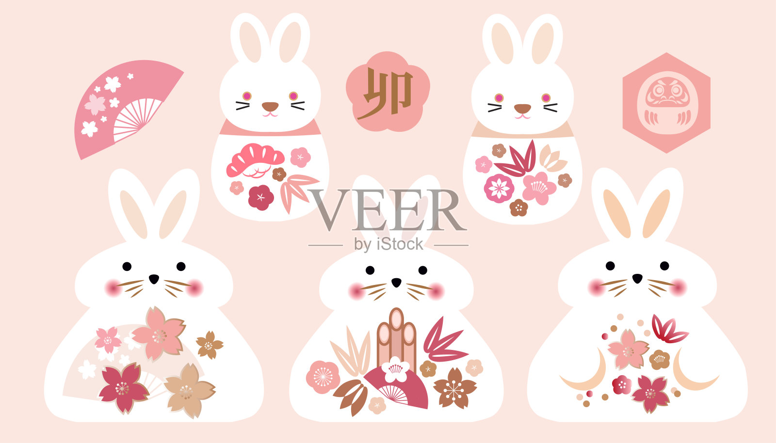 2023年日本新年套兔3只插画图片素材