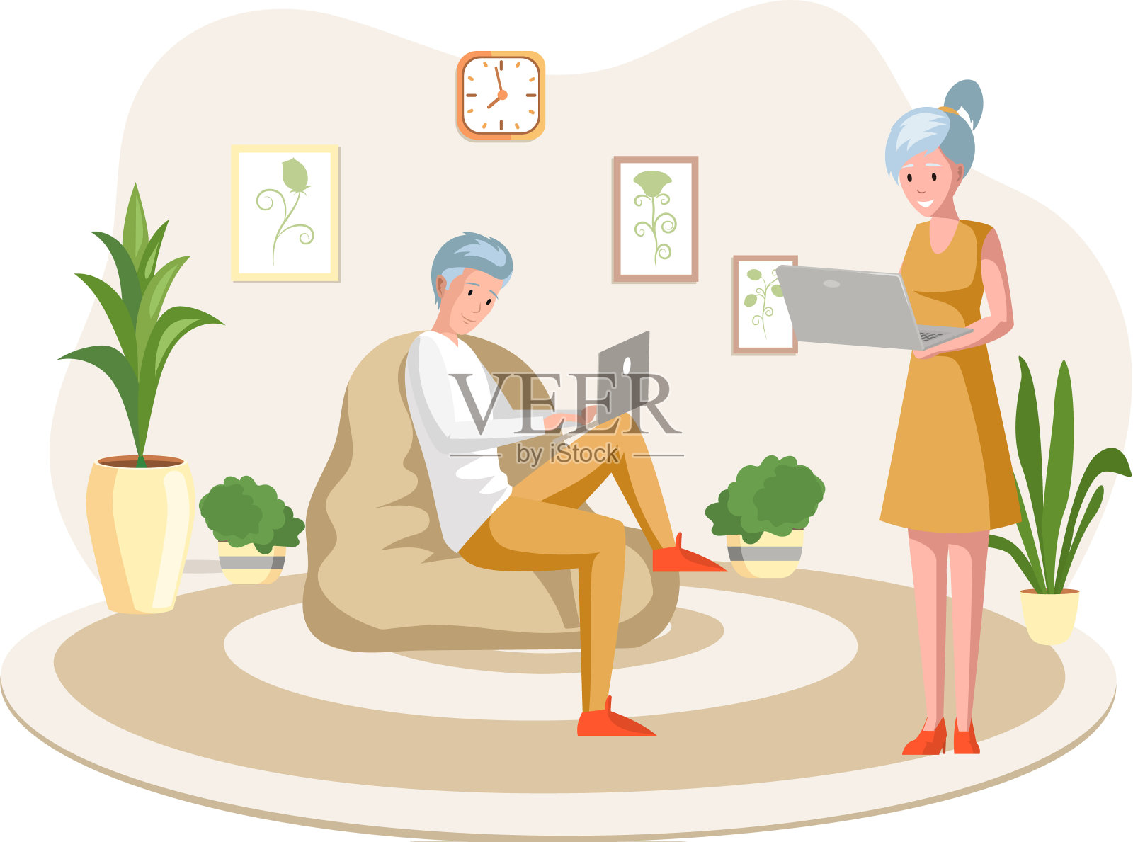 男人和女人自由职业者远程工作，上网，在电脑上查找信息插画图片素材