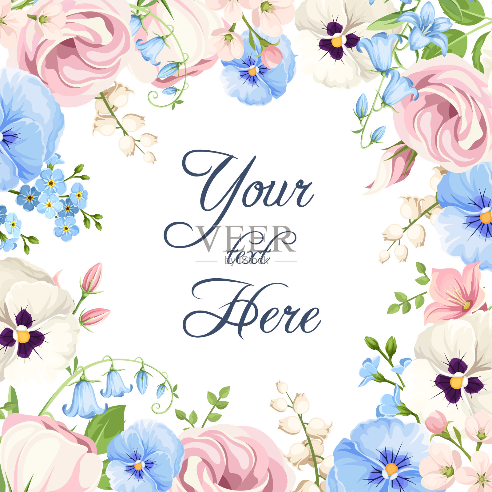 用粉色、蓝色和白色花朵的问候或邀请卡片。矢量图插画图片素材