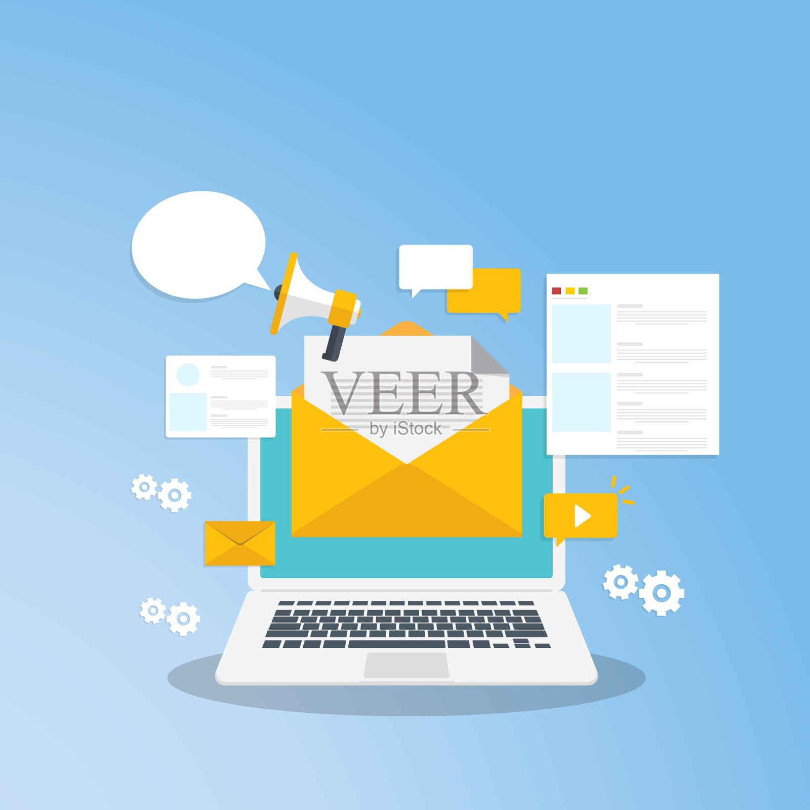 电子邮件营销。通过电子邮件营销活动，订阅时事通讯，吸引在线用户。通过电子邮件发送营销信息。矢量图插画图片素材