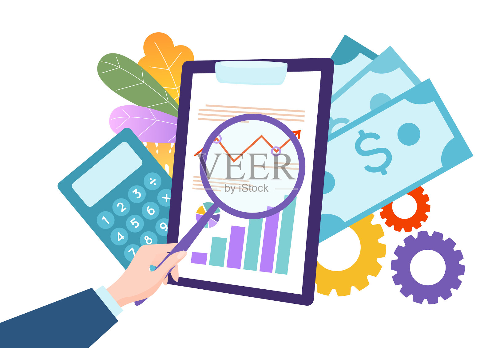 商人手持放大镜做生意设计元素图片