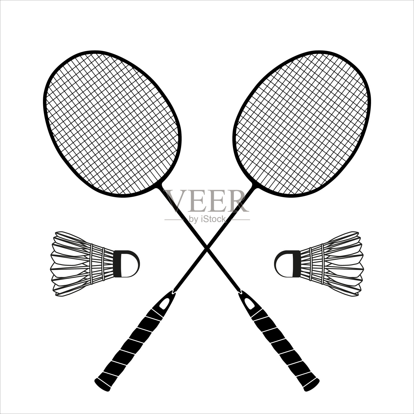 平面黑色羽毛球拍和羽毛球黑色剪影，矢量插图孤立在白色背景上。必备的羽毛球运动装备。应用程序矢量图标设计元素图片